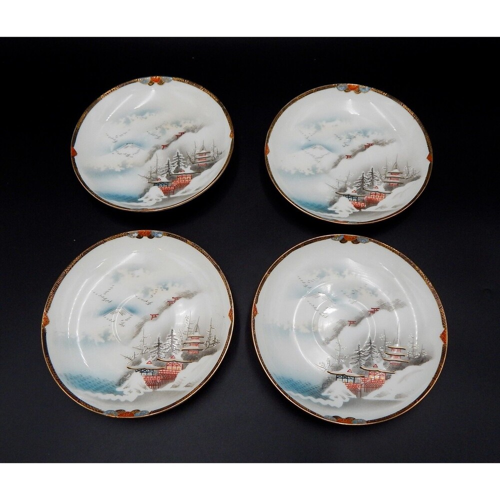 Japanese Kutani Saucer Plate Set Pagoda Winter Volcano S/4 Hand-Painted